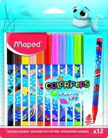 Набор фломастеров 12 цветов Maped Color'Peps Ocean Life (линия 2.8мм, круглый корпус) пакет с европодвесом (845701)