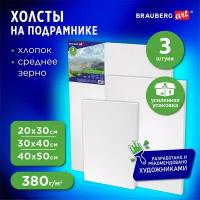 Холсты на подрамнике в коробе, Набор 3 шт. (20x30 см, 30x40 см, 40x50 см) 380 г/м2, грунт, хлопок, Brauberg Art Classic, 880333