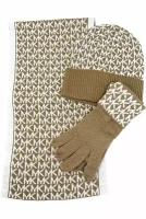 Сет Michael Kors шапка, перчатки и шарф желто-коричневый в монограмму Cream & White 3-Piece Set Knit Scarf, Hat & Gloves