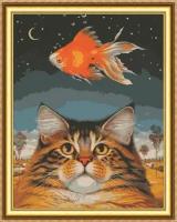 Алмазная мозаика 40х50 "Кот и золотая рыбка" на холсте с подрамником (картина круглыми стразами)