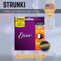 Струны для акустической гитары Elixir 16538 80-20 Bronze Nanoweb Custom Light 3-Pack 11-52