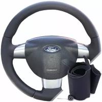 Оплетка на руль из натуральной кожи Ford Focus II 2005-2011 г.в., трехспицевый (для замены штатной кожи, черная) #0228