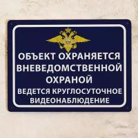 Металлическая табличка Объект охраняется вневедомственной охраной, ведется круглосуточное видеонаблюдение, для улицы, металл, 20х30 см