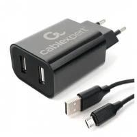 Адаптер питания Cablexpert MP3A-PC-35 USB 2 порта, 2.4A, черный + кабель 1 м micro