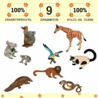Набор фигурок животных серии "Мир диких животных": 3 коалы, змея, броненосец, жираф, 2 обезьяны, попугай (набор из 9 фигурок)