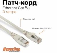 Патч-корд FUTP Hyperline кабель экранированный, сетевой Ethernet Lan для интернета, категория 5e, витой, Fluke, LSZH, 3 м, серый