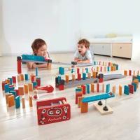 Настольная игра "Падающее домино - Фабрика роботов" для детей, деревянные доминошки, катапульта и переходы E1057_