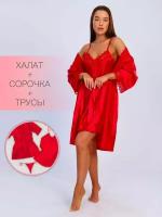 Пеньюар атласный кружевной комплект сорочка и халат красный