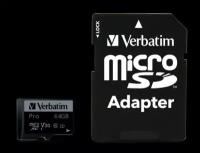 Карта памяти Verbatim Pro microSDXC 64GB UHS-I U3 V30, R/W 90/45 МБ/с с адаптером