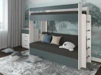 Кровать двухъярусная с диваном Есэндвич new Лаворо, 110x209 см (Анкор белый/Базальт/Рогожка Savana Grey)