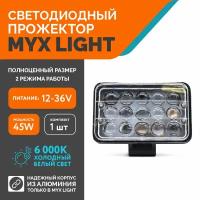 Светодиодная противотуманная фара для авто ФСО вспышка MYX-Light 12-36V мощность 45W 6000K прожектор, дневные ходовые огни для легковых и грузовых авто, джипов, квадроциклов 1шт