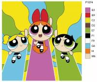 Детская картина по номерам P1074 "Мультсериал The Powerpuff Girls (Суперкрошки). Цветик, Пузырёк и Пестик" 30x30