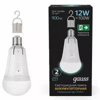 Лампа gauss 12вт е27 900лм led 4100к авар. с li-ion аккумулятором груша