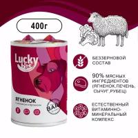 Консервы для собак Lucky bits ягненок с брокколи и шпинатом, 1 шт, 400 гр. Полнорационный корм для собак всех пород с 6 месяцев (Лаки битс)