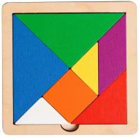 Развивающий логический тетрис-головоломка "Танграм" малый, цветной деревянный пазл-вкладыш, 7 больших геометрических фигур, 24 задания со схемами