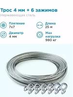 Гидротек Трос нержавеющая сталь 7x7 AISI 304, 4мм бухта 25 метров + зажим 3-4 мм 6шт