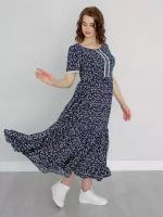 Женское длинное платье 100% вискоза, с рукавом. Цвет темно-синий. Размер 52