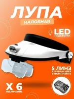 Бинокулярные монтажные очки лупа MG81001-G с подсветкой (2 LED), 5 сменных линз с увеличением от 1х до 6х