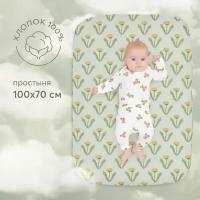 87546, Простыня на резинке 100х70 Happy Baby поплин (100% хлопок), детское постельное белье, зеленая