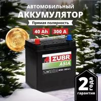 Аккумулятор автомобильный ZUBR Premium Asia 40 Ah 300 A (без борта) прямая полярность 187x127x225