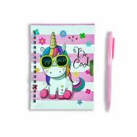 Блокнот с замком + ручка "Единорог в очках" розовый / Блокноты для девочек