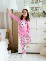 Пижама Ohana kids, свитшот, брюки, пояс на резинке, брюки с манжетами, рукава с манжетами, размер 128, розовый
