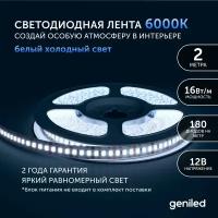 Светодиодная лента Geniled - Холодный белый свет / GL-180SMD2835 / 1650 Лм/м / 12 В / L - 2 м / B - 10 мм / W - 16 вт / 6500 К / IP65