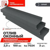 Отлив оконный ширина полки 100мм/ отлив для окна / цвет серый(RAL 7024) Длина 2м, 3 штуки в комплекте