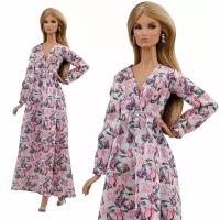 Шелковое платье "Арабская ночь" с разрезом цвета "Тюльпаны в молоке" для кукол 29 см. типа барби