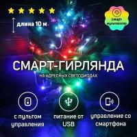 Умная интерьерная smart-гирлянда нить на адресных светодиодах, 10м - 100 LED питание от порта USB кабель с оплеткой