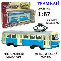 Металлическая модель Трамвай, 1:87, инерционная машинка, городской транспорт, 16х6х3 см