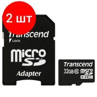 Комплект 2 штук, Карта памяти Transcend Premium microSDHC 32Gb UHS-I Cl10 +ад, TS32GUSDHC10