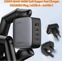 Сетевое зарядное устройство LDNIO Q408 100W GaN Supper Fast Charger, US/UK/EU Plug (с тремя переходниками для разных стран), Разъёмы: 1xUSB-A + 3xUSB-C, черный
