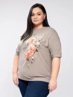 Футболка женская удлин/рукав PLUS Size Цветы роз Бежевый 6XL