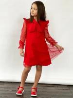 Платье для девочки нарядное бушон ST50, отделка фатин, цвет красный (122-128)