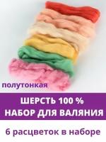 Шерсть для валяния, микс Весна, полутонкая шерсть 100 %, набор 6 цветов, 50 г