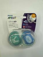 Силиконовые пустышки Philips Avent SCF344/23 ultra air 2 шт, с широкими воздушными отверстиями, контейнером для стерилизации, синий/зеленый