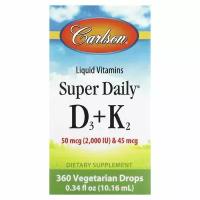 Carlson Labs, Super Daily витамины D3 и K2 в жидкой форме, 25 мкг (2000 МЕ) и 22.5 мкг, растительная формула, 360 вегетарианских капель, 10.16мл