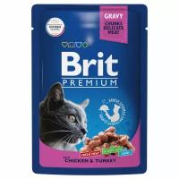 BRIT PREMIUM, влажный корм для кошек. Пауч для взрослых кошек, Цыпленок и Индейка в соусе, 85г