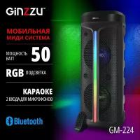 Портативная беспроводная блютуз колонка / Акустическая система MIDI Ginzzu GM-224 с Bluetooth, 50Вт, 2 динамика по 8 дюймов + твиттер, LED-дисплей, TWS, USB-flash, microSD, FM-радио, пульт ДУ, эквалайзер, 2 микрофонных входа