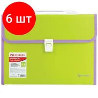 Комплект 6 шт, Папка-портфель пластиковая BRAUBERG "JOY", А4 (330х245х35 мм), 13 отделений, с окантовкой, салатовая, 227974