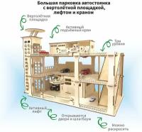 Деревянный детский конструктор гараж для машинок парковка автостоянка с лифтом, краном и вертолётной площадкой, 241 деталь, 80х40х56 см