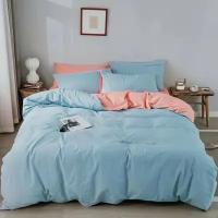 Комплект постельного белья Alanna из Сатина Евро Жатка Однотонное Хлопок Простыня 220x240 см Голубое