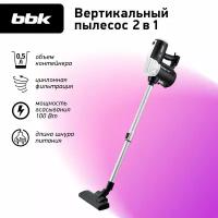 Вертикальный пылесос "2 в 1" BBK BV2512 черный/белый, мощность всасывания 100 Вт, объем пылесборника 0,5 л, сухая уборка