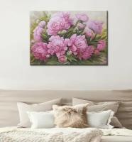 Интерьерная картина на холсте на стену - "Розовые пионы маслом, цветы пионы в нежных тонах 60х80"