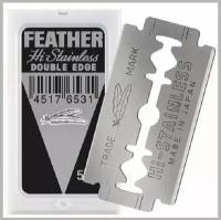 Лезвия двухсторонние японские для бритвы FEATHER "Hi-Stainless Double Edge ", в диспенсере, классические, для T-образных бритв и шаветок, 5 шт