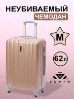 Чемодан на колесах дорожный средний багаж для путешествий женский m TEVIN размер М 64 см 62 л легкий 3.2 кг прочный abs (абс) пластик Розовое золото