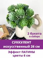 Суккулент многоцветковый, Зеленый, эффект Патины, искусственная зелень для декора, 26 см, в наборе 2 букета