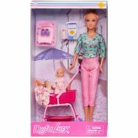 Кукла Defa Lucy Мама на прогулке с малышкой-девочкой (розовый комбинезончик) в коляске, с аксесс. 29 см 8358d/малыш-девочка