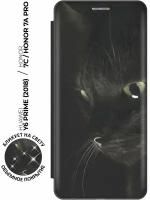 Чехол-книжка Черный кот на Honor 7C / 7A Pro / Huawei Y6 Prime (2018) / Хуавей У6 Прайм 2018 / Хонор 7А Про / 7С с эффектом блика черный